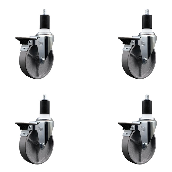 5'' Semi Steel Swivel 1-1/2'' Expanding Stem Caster Set with Brake, 4PK